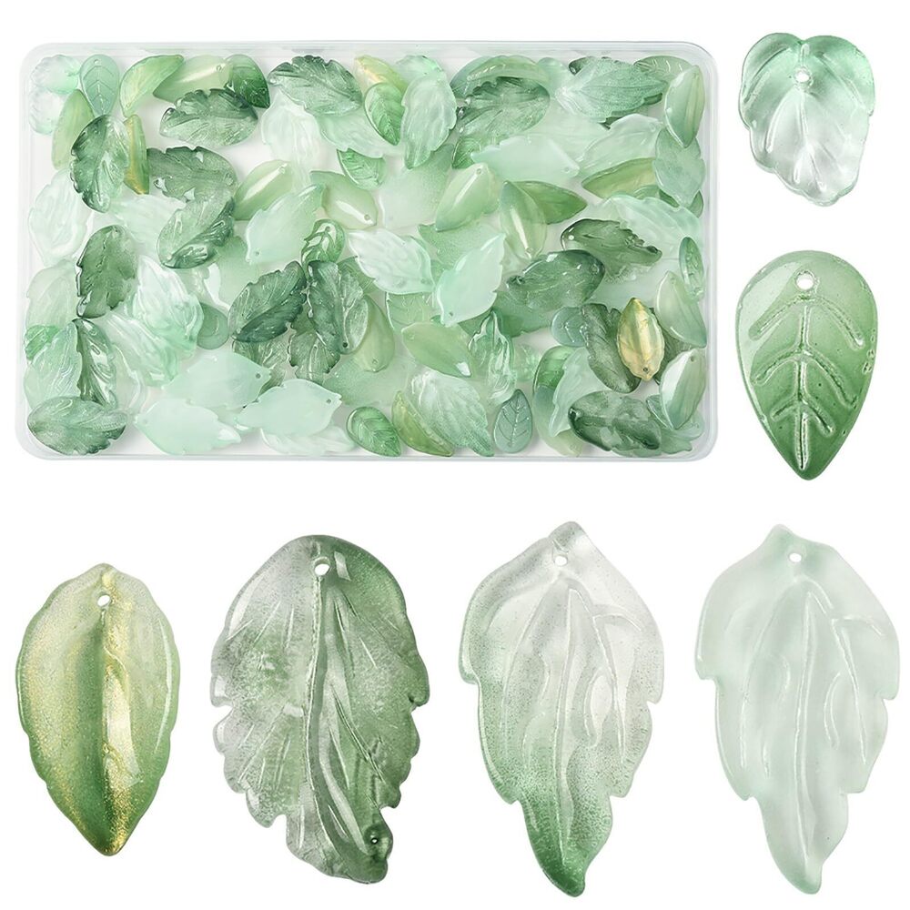 9493 120 PCS Green Leaf Glass Beads Charms for Jewelry Making 6 Styles